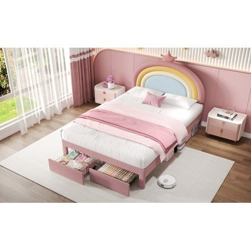 Full size Upholstered Bed With Adjustable Rainbow Headboard, Soft Velvet Bed Frame With Storage Drawer, Stylish Rainbow Headboard With Crown, No Box Spring Needed, Easy Assembly