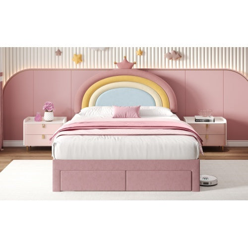 Full size Upholstered Bed With Adjustable Rainbow Headboard, Soft Velvet Bed Frame With Storage Drawer, Stylish Rainbow Headboard With Crown, No Box Spring Needed, Easy Assembly