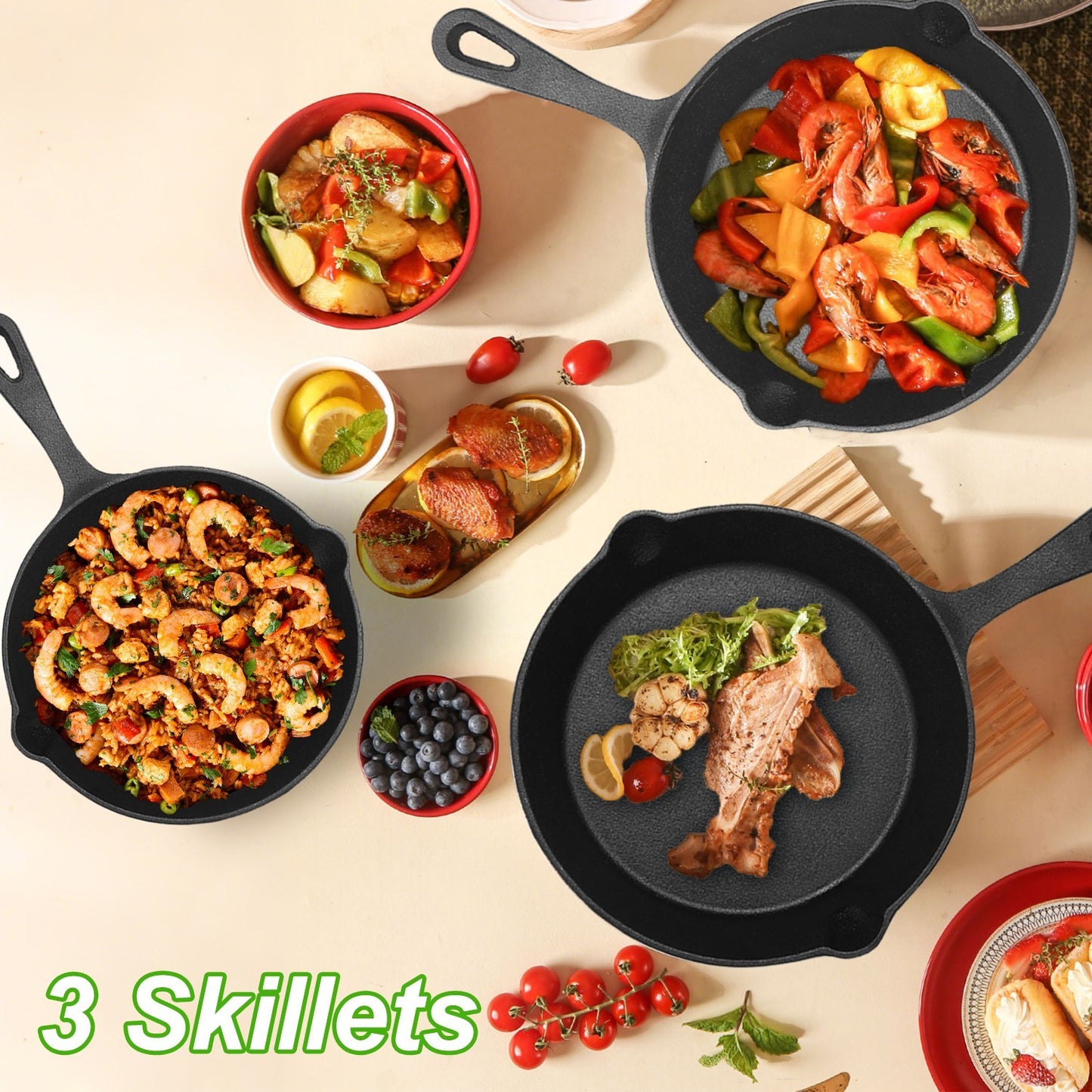 3Pcs Pre-Seasoned Cast Iron Skillet Set 6in 8in 10in Frying Pans