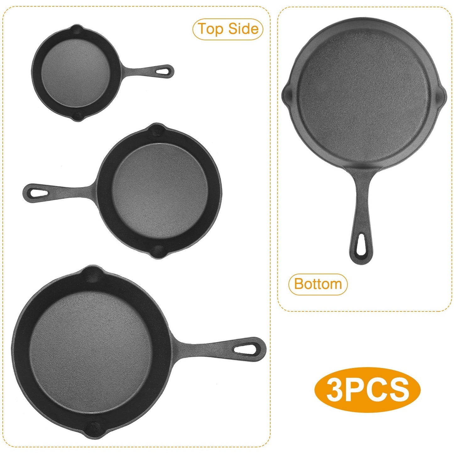 3Pcs Pre-Seasoned Cast Iron Skillet Set 6in 8in 10in Frying Pans