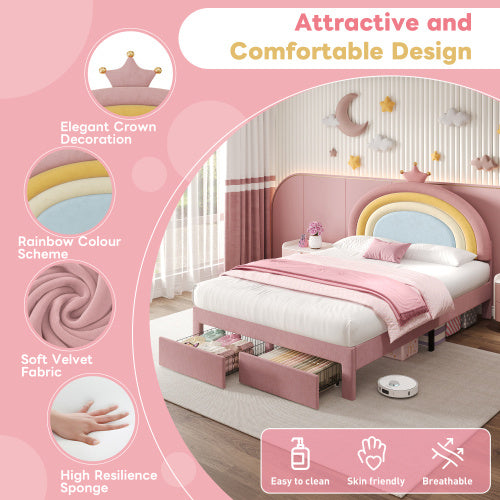 Full size Upholstered Bed With Adjustable Rainbow Headboard, Soft Velvet Bed Frame With Storage Drawer, Stylish Rainbow Headboard With Crown, No Box Spring Needed, Easy Assembly