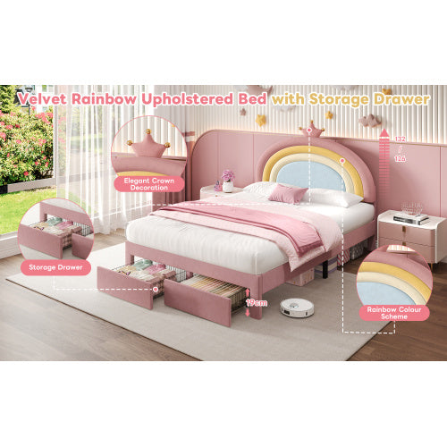 Full size Upholstered Bed With Adjustable Rainbow Headboard, Soft Velvet Bed Frame With Storage Drawer, Stylish Rainbow Headboard With Crown, No Box Spring Needed, Easy Assembly