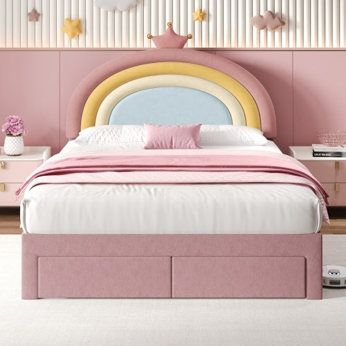 Full size Upholstered Bed With Adjustable Rainbow Headboard, Soft Velvet Bed Frame With Storage Drawer, Stylish Rainbow Headboard With Crown, No Box Spring Needed, Easy Assembly