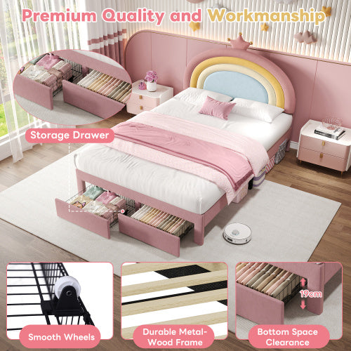 Full size Upholstered Bed With Adjustable Rainbow Headboard, Soft Velvet Bed Frame With Storage Drawer, Stylish Rainbow Headboard With Crown, No Box Spring Needed, Easy Assembly