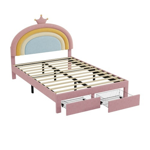 Full size Upholstered Bed With Adjustable Rainbow Headboard, Soft Velvet Bed Frame With Storage Drawer, Stylish Rainbow Headboard With Crown, No Box Spring Needed, Easy Assembly