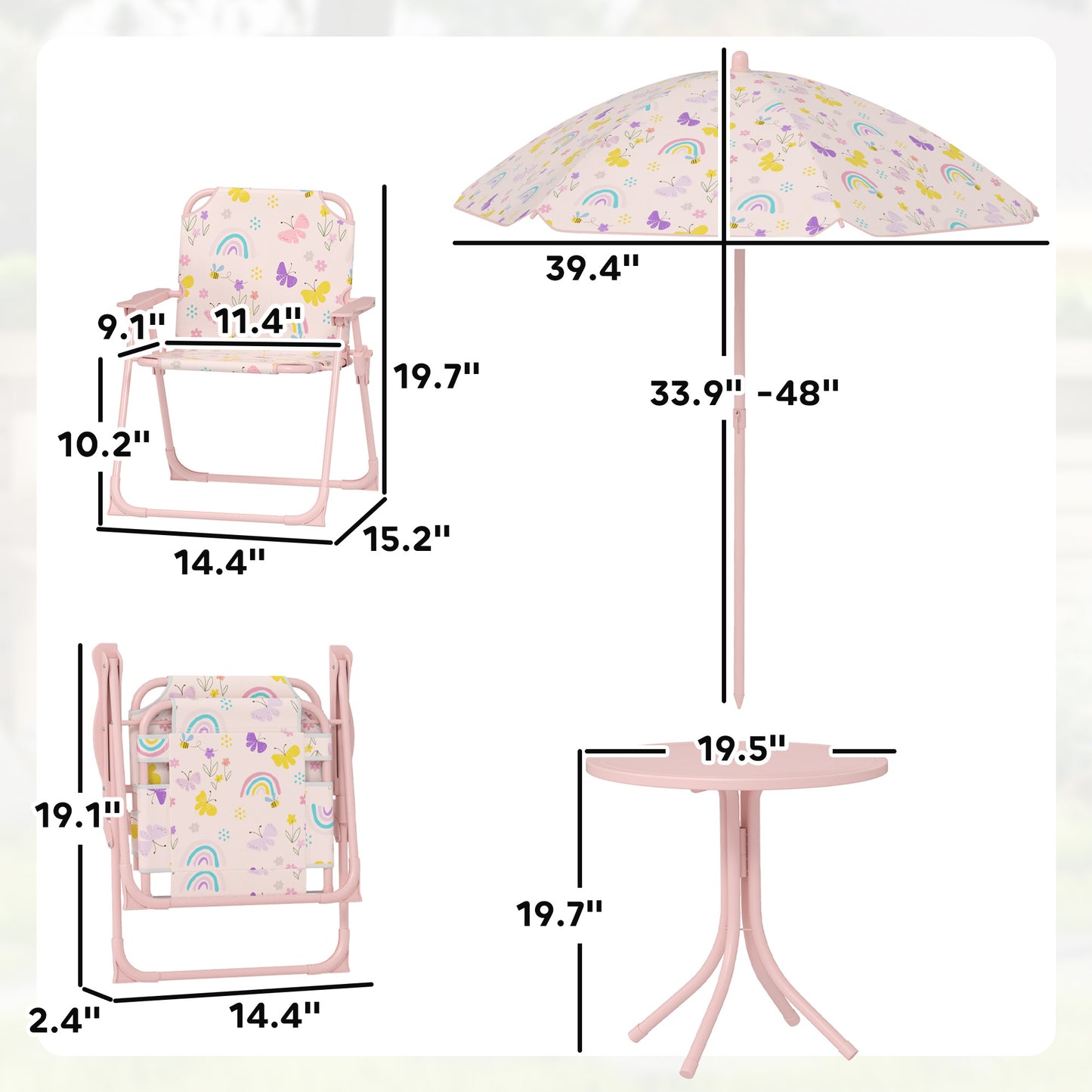 Kids Picnic Table And Chair Set, Outdoor Activity Table With Foldable Chairs, Removable Umbrella For Backyard, Pink