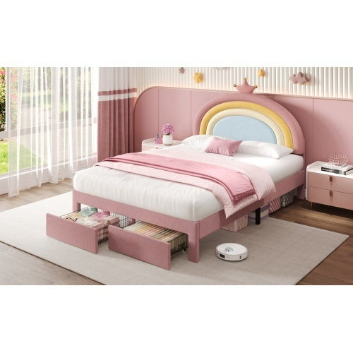 Full size Upholstered Bed With Adjustable Rainbow Headboard, Soft Velvet Bed Frame With Storage Drawer, Stylish Rainbow Headboard With Crown, No Box Spring Needed, Easy Assembly