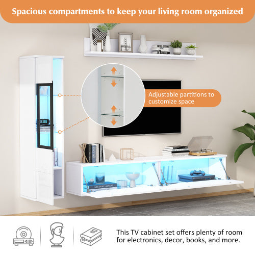 Set Of 3 TV Wall Unit. 1 X TV Cabinet, 1 X Living Room Display Cabinet, 1 X Hanging Shelf