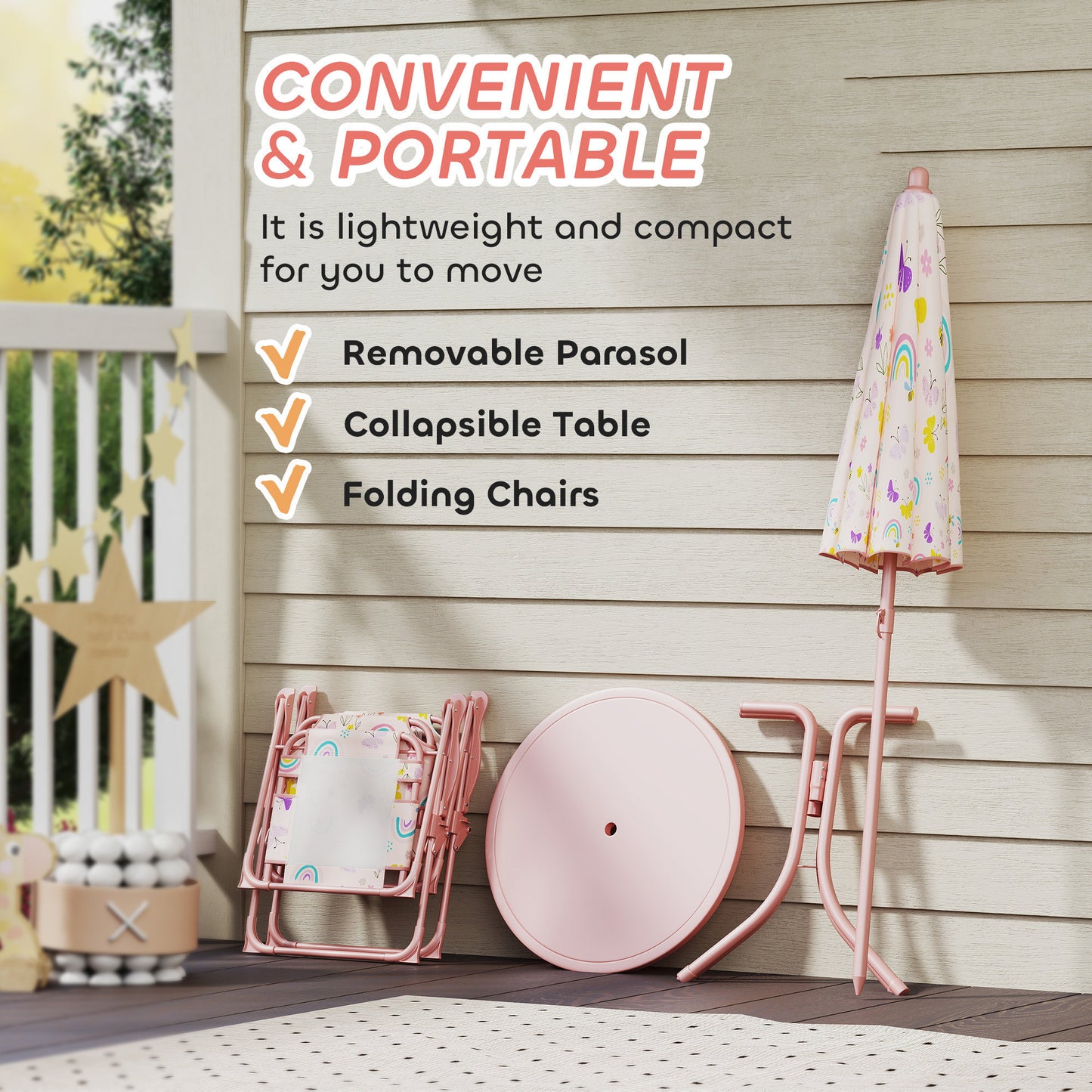 Kids Picnic Table And Chair Set, Outdoor Activity Table With Foldable Chairs, Removable Umbrella For Backyard, Pink