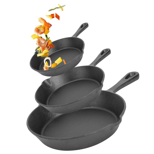 3Pcs Pre-Seasoned Cast Iron Skillet Set 6in 8in 10in Frying Pans