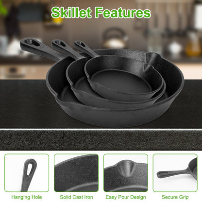 3Pcs Pre-Seasoned Cast Iron Skillet Set 6in 8in 10in Frying Pans