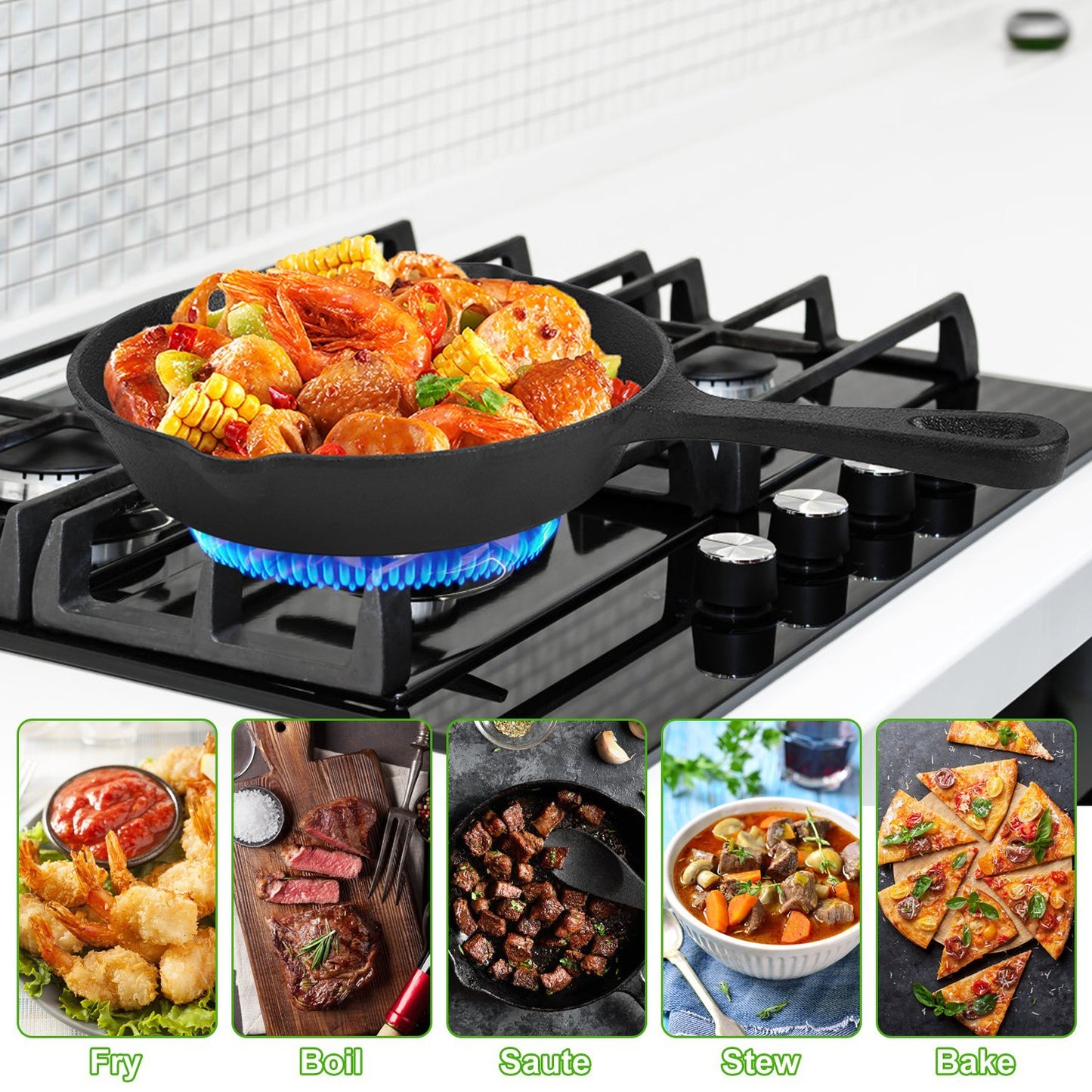 3Pcs Pre-Seasoned Cast Iron Skillet Set 6in 8in 10in Frying Pans