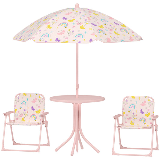 Kids Picnic Table And Chair Set, Outdoor Activity Table With Foldable Chairs, Removable Umbrella For Backyard, Pink