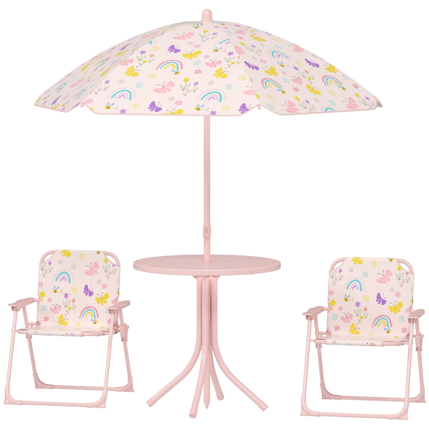 Kids Picnic Table And Chair Set, Outdoor Activity Table With Foldable Chairs, Removable Umbrella For Backyard, Pink