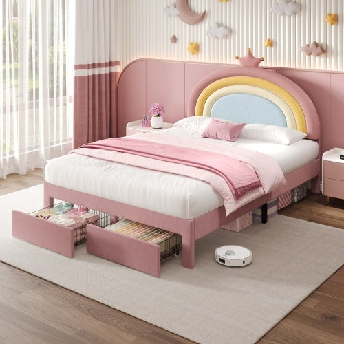 Full size Upholstered Bed With Adjustable Rainbow Headboard, Soft Velvet Bed Frame With Storage Drawer, Stylish Rainbow Headboard With Crown, No Box Spring Needed, Easy Assembly