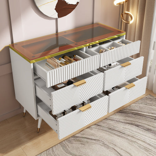 Sideboard Cabinet Dresser With 6 Drawers,Amber Glass Chest Of Drawers
