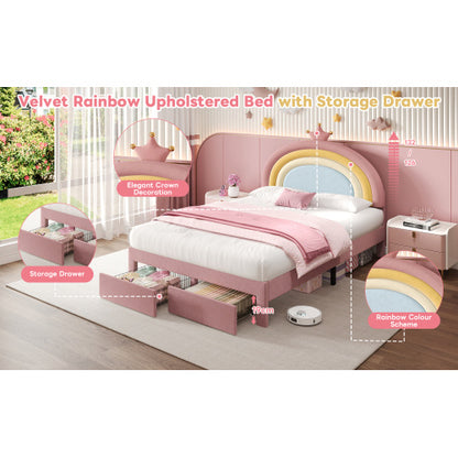 Full size Upholstered Bed With Adjustable Rainbow Headboard, Soft Velvet Bed Frame With Storage Drawer, Stylish Rainbow Headboard With Crown, No Box Spring Needed, Easy Assembly