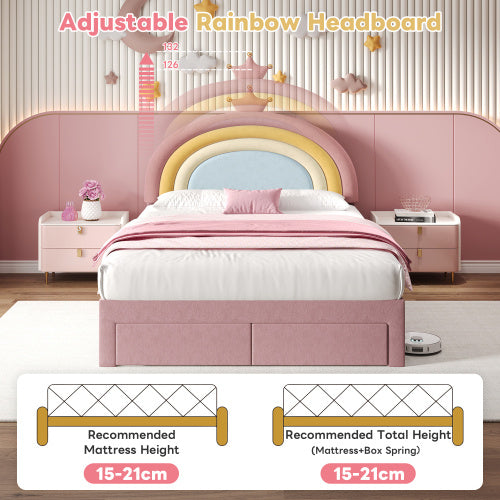 Full size Upholstered Bed With Adjustable Rainbow Headboard, Soft Velvet Bed Frame With Storage Drawer, Stylish Rainbow Headboard With Crown, No Box Spring Needed, Easy Assembly