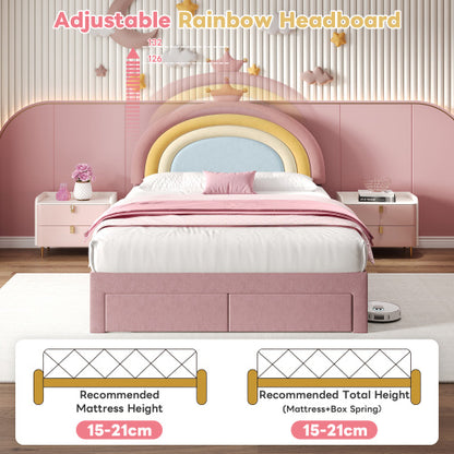 Full size Upholstered Bed With Adjustable Rainbow Headboard, Soft Velvet Bed Frame With Storage Drawer, Stylish Rainbow Headboard With Crown, No Box Spring Needed, Easy Assembly