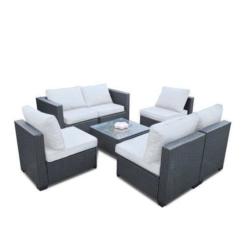 Seven-Piece Sofa Set Table With Sofa Chair Black PE Rattan Outdoor Furniture With Beige Color Cushion