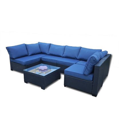 Seven-Piece Sofa Set Table With Sofa Chair Black PE Rattan Outdoor Furniture With Blue Color Cushion