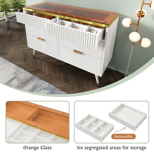 Sideboard Cabinet Dresser With 6 Drawers,Amber Glass Chest Of Drawers