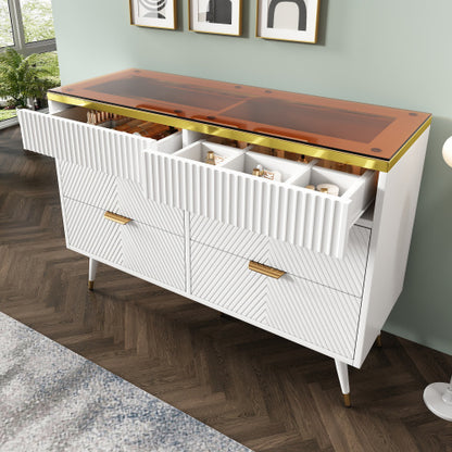 Sideboard Cabinet Dresser With 6 Drawers,Amber Glass Chest Of Drawers